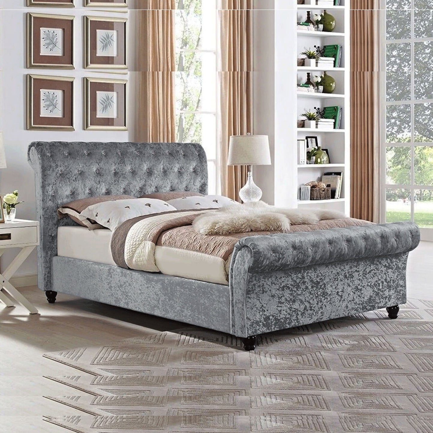 Sleigh Bed In Crushed Velvet