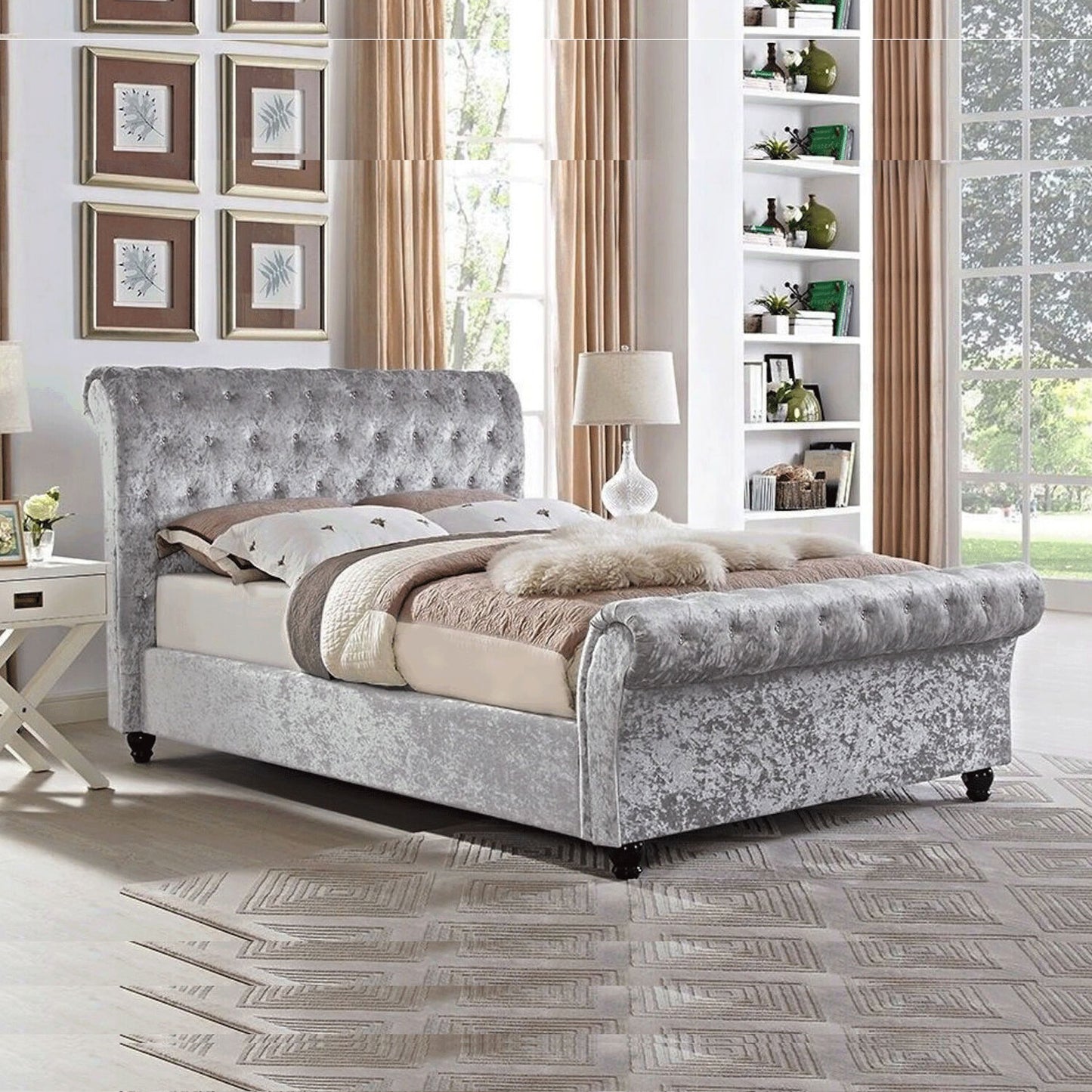 Sleigh Bed In Crushed Velvet