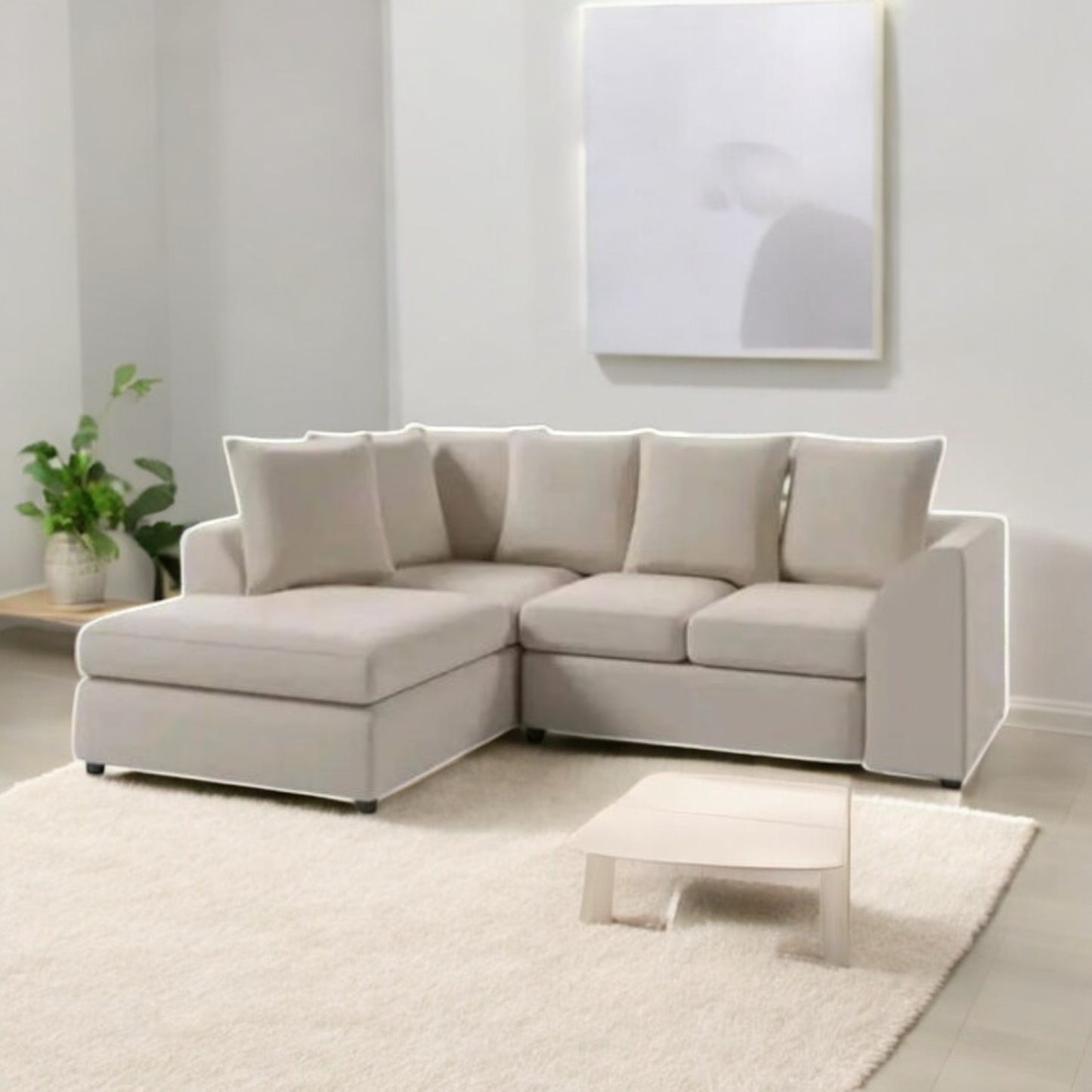 Dylan Corner Sofa – Modern 4-Seater in Cream with Scatter and full Back Design